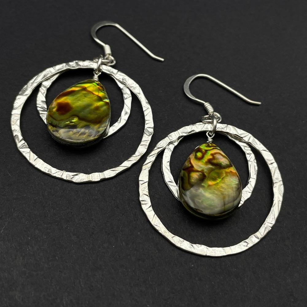 Sterling Silver Abalone Shell Hoop Dangle Earrings Boho Beachy Earrings - Picture 3 of 8